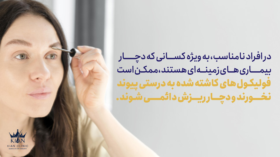 در افراد نامناسب، به ویژه کسانی که دچار بیماریهای زمینهای هستند، ممکن است فولیکولهای کاشته شده به درستی پیوند نخورند و دچار ریزش دائمی شوند.