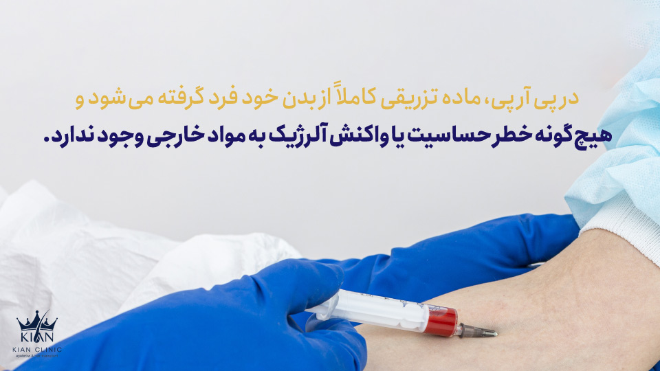 در پی آر پی، ماده تزریقی کاملاً از بدن خود فرد گرفته میشود و به همین دلیل، هیچگونه خطر حساسیت یا واکنش آلرژیک به مواد خارجی وجود ندارد.