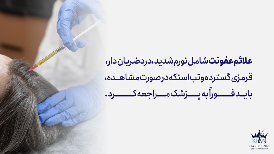 علائم عفونت شامل تورم شدید، درد ضرباندار، قرمزی گسترده و تب است که در صورت مشاهده، باید فوراً به پزشک مراجعه کرد.